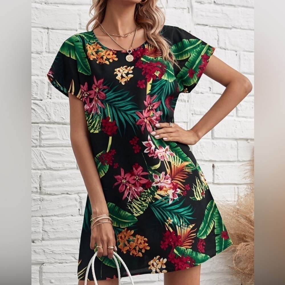 SHEIN women’s tropical print dress, size 12, round neck, batwing sleeve tunic